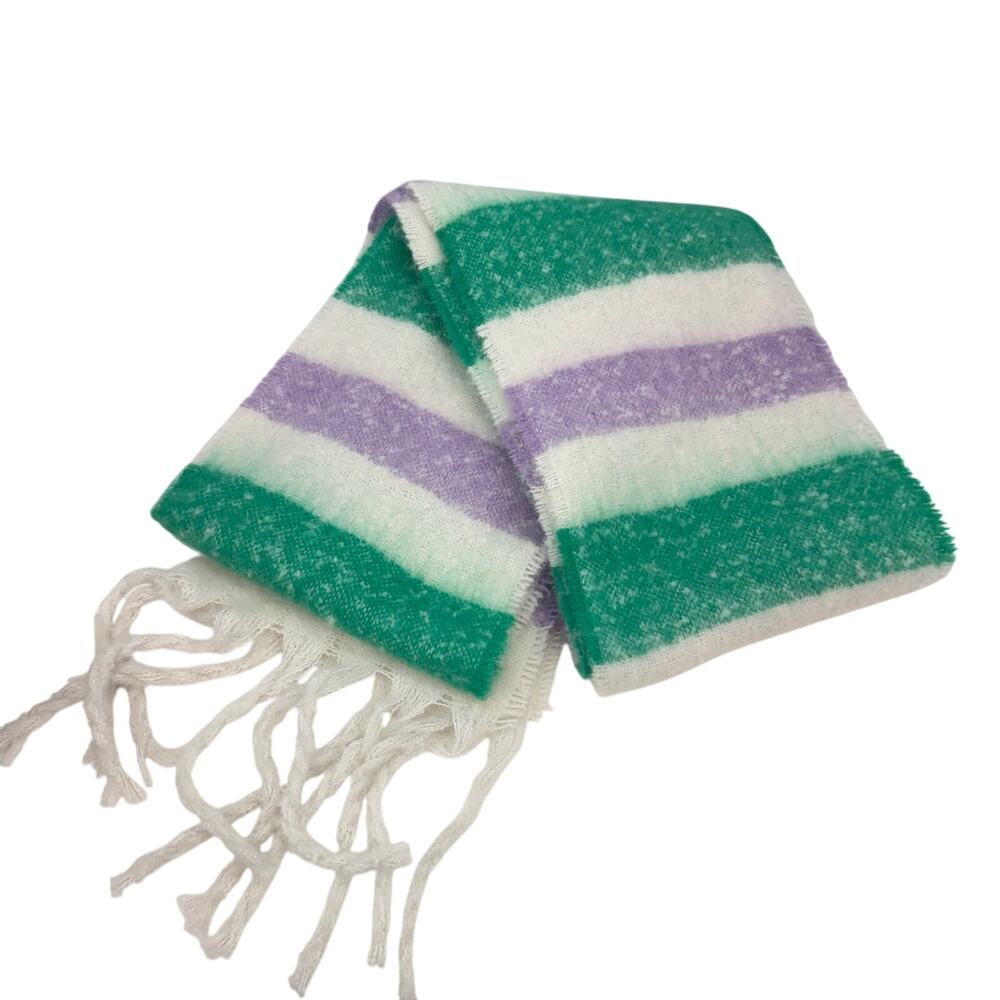 New Maeve Anthropologie Knit Extra Long Fringe Fluffy Striped Scarf Green Purple